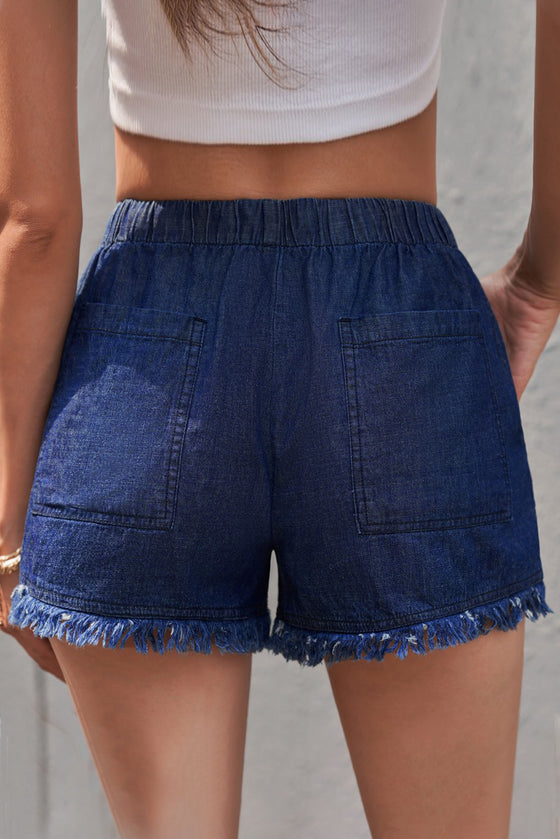 Black Drawstring Pocketed Frayed Hem Denim Shorts | Available in 3 Colors