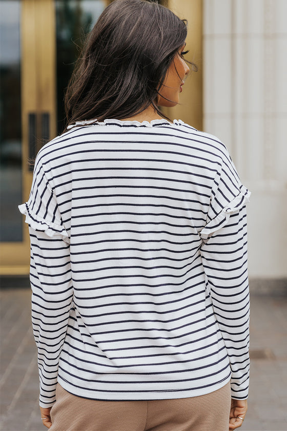 Black and White Striped Snap Button Ruffle Trim Long Sleeve Top