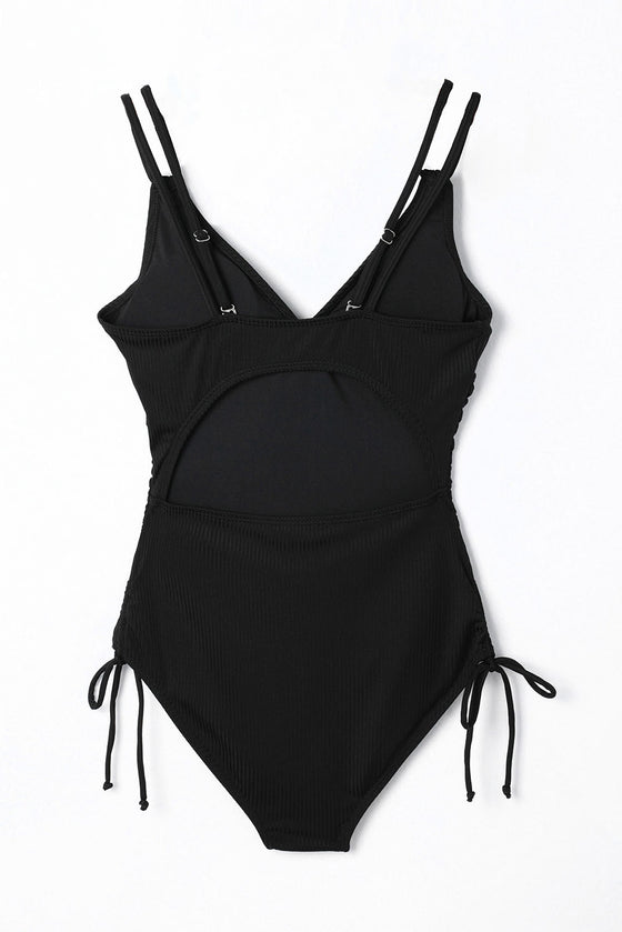 Black Ribbed Knit Backless One-Piece Swimsuit