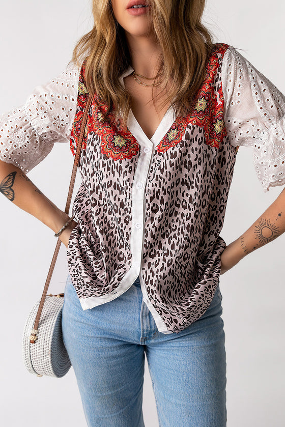 Leopard Mandala Print Patchwork Blouse