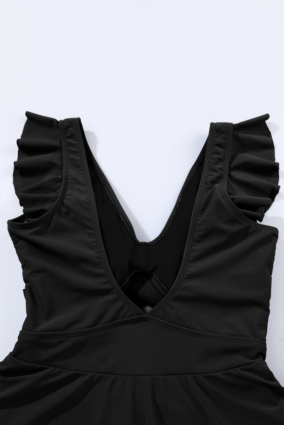 Black Cut Out Ruffle Crossed One Piece Swim Dress | Available in 2 Colors