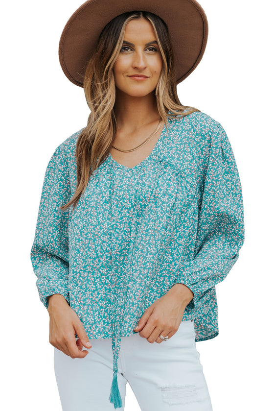 Light Blue Floral Print Boho Lace Up High Low V Neck Blouse