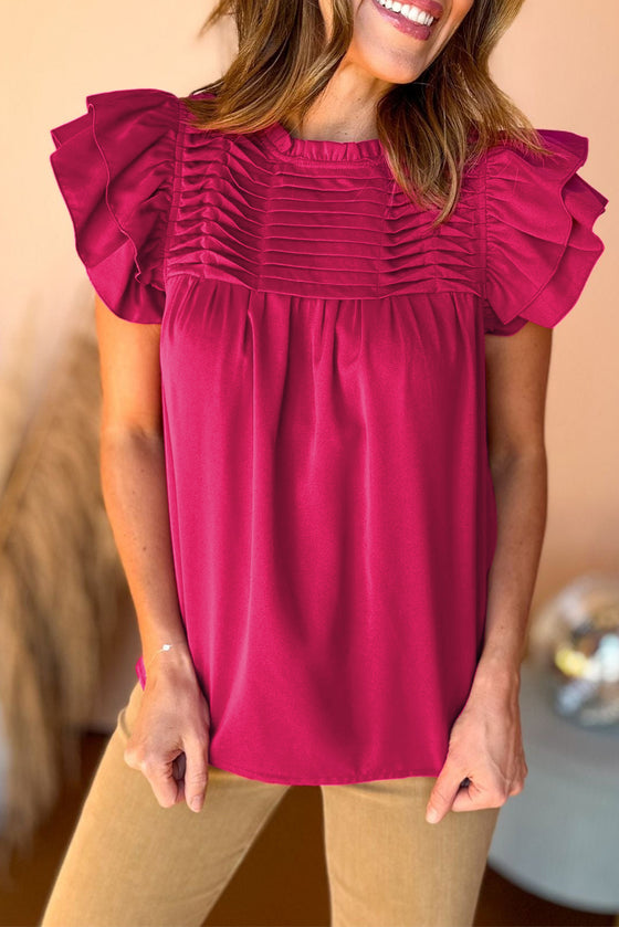 Rose Red Ruched Ruffle Blouse | Available in 3 Colors