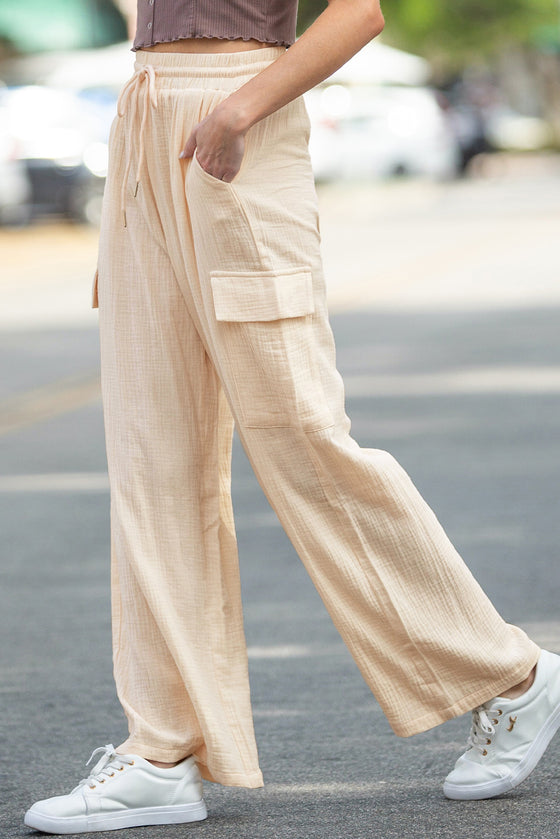 Apricot Loose Drawstring High Waist Crinkled Cargo Pants