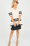 White Short Puff Sleeve Pleated Ric Rac Mini Dress