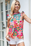 Pink Boho Floral Print Ruffle Mock Neck Sleeveless Shirt