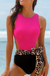 Multicolour Leopard Print Bow Lace Up One Piece Swimsuit