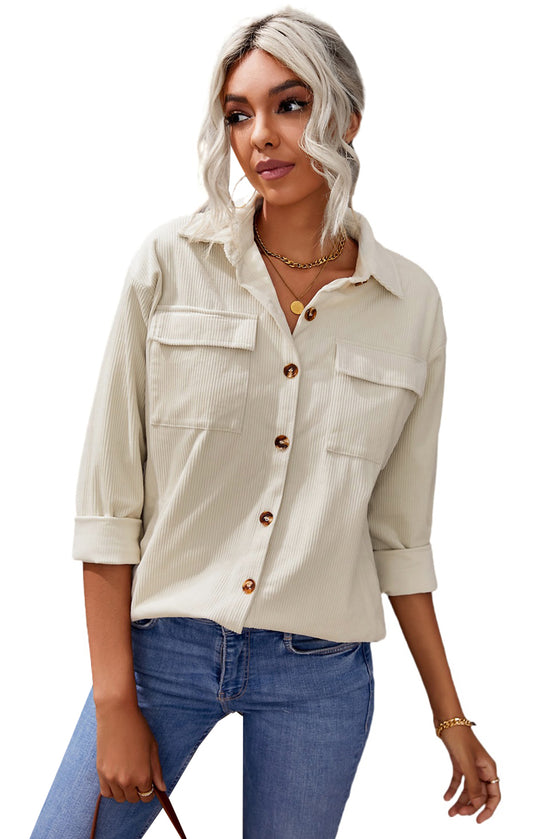 Beige Button Up Patch Pocket Corduroy Shacket | Available in 3 Colors