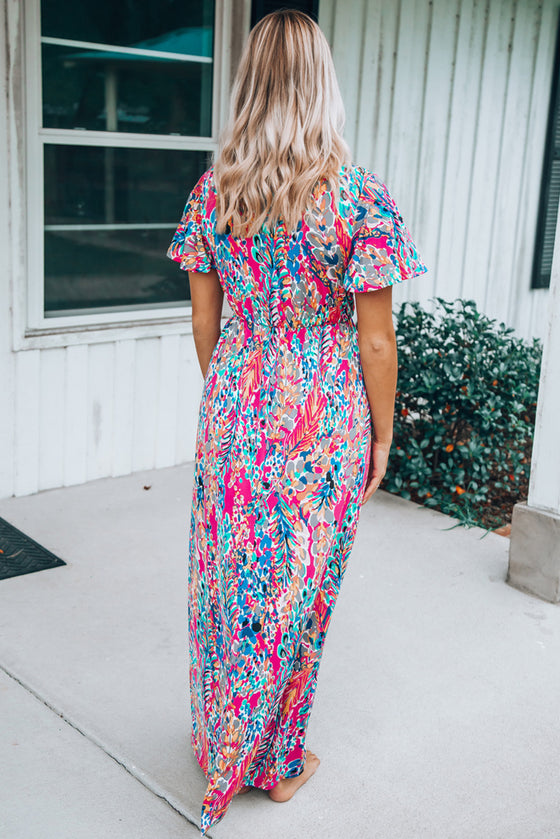 Abstract Print Wrap V Neck Flutter Sleeve Mid Length Summer Dress | Available in Blue