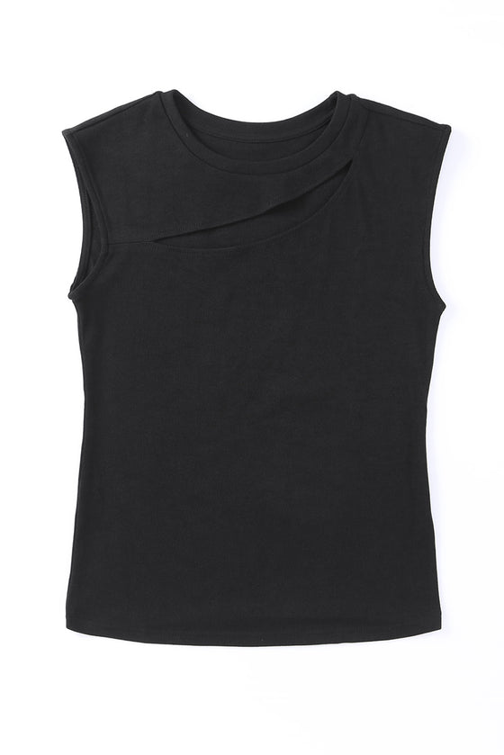 Black Solid Slash Cutout Summer Sleeveless Top | Also Available in Red