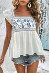 White Floral Embroidered Tie Back Ruffle Blouse