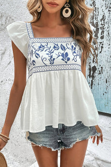  White Floral Embroidered Tie Back Ruffle Blouse