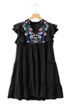 Black Floral Embroidered Frill Neck Ruffle Babydoll Tiered Dress