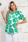 Green 60s Floral Print Puff Sleeve Frill Neckline Blouse