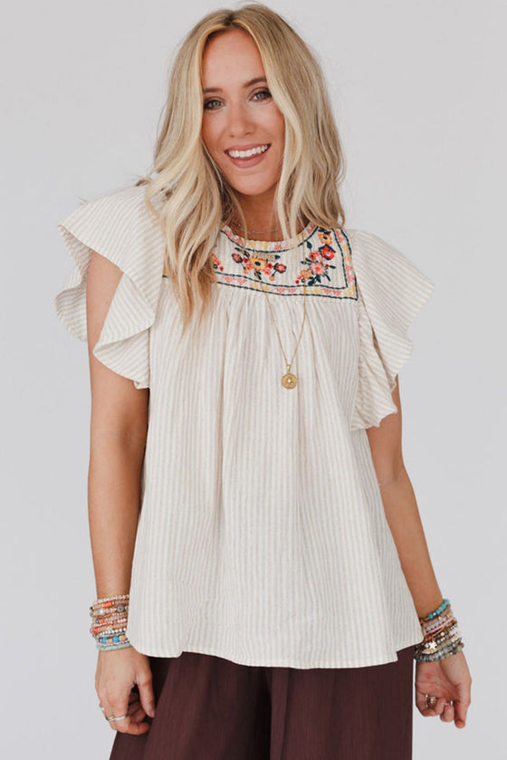 Apricot Stripe Ruffled Sleeve Embroidered Blouse