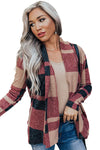 Red Plaid Casual Draped Open Front Cardigan