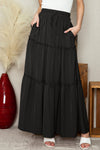 Black Casual Tiered Drawstring Elastic Waist Maxi Skirt