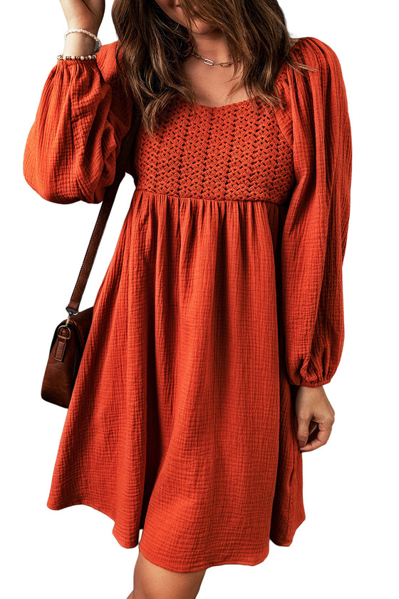 Drown Gauze Crochet Bohemian Long Sleeve Babydoll Dress