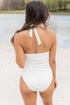 White Solid Halter Backless One-Piece Swimsuit