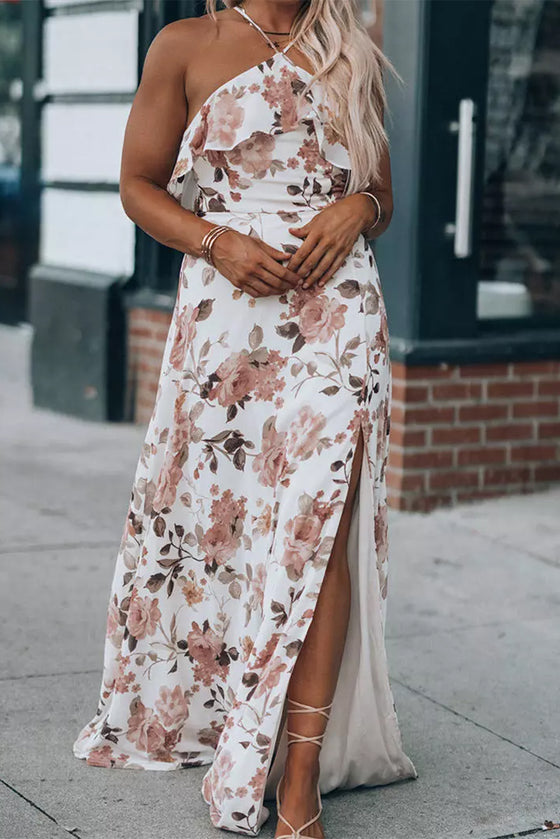 White Floral Slit Ruffled Halter Neck Maxi Dress