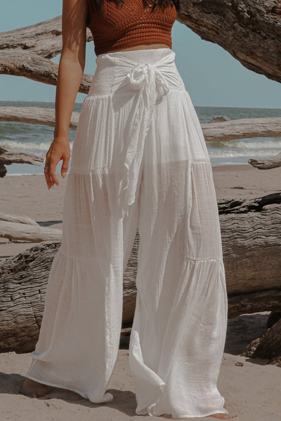 White Smocked Sash High Waist Crinkled Wide Leg Pants