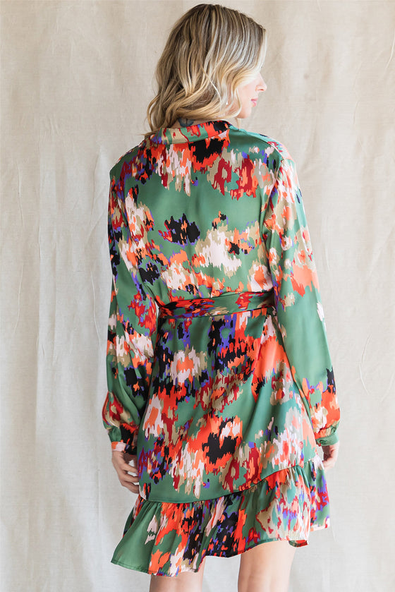 Abstract Print Waist Belted Long Sleeve Dress | Other Colors Available