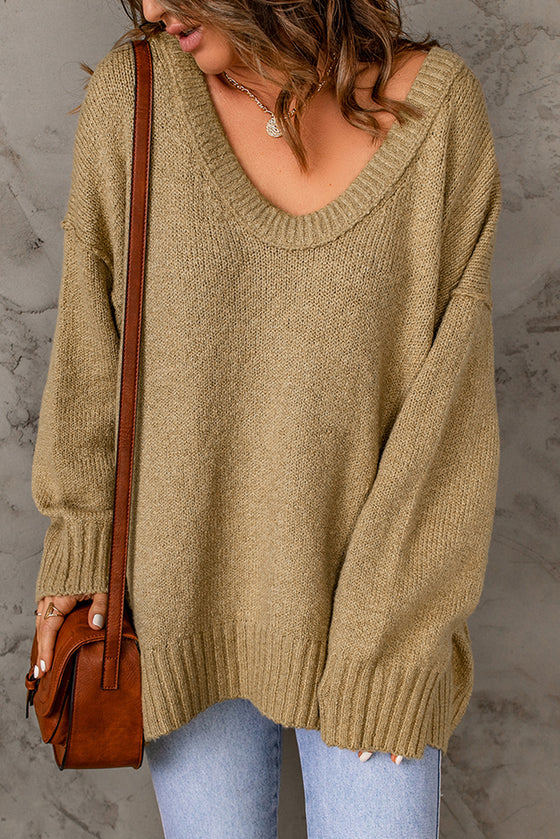 Khaki Knit Pullover Drop Shoulder Oversized Sweater