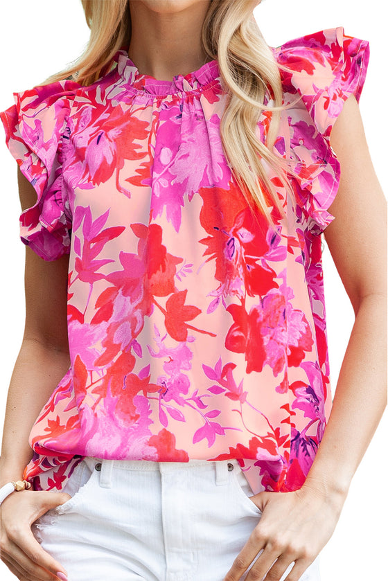 Pink Floral Blouse with Ruffled Sleeves