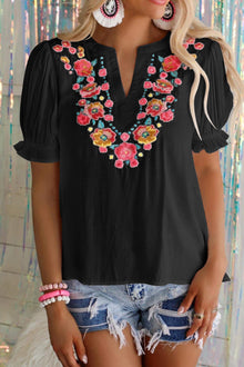  Black Floral Embroidered Blouse