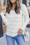 White Striped V Neck Long Sleeve Shirt