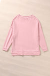 Pink Casual Frayed Trim Side Slit Loose Sweatshirt