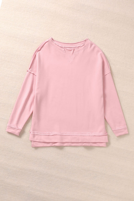 Pink Casual Frayed Trim Side Slit Loose Sweatshirt