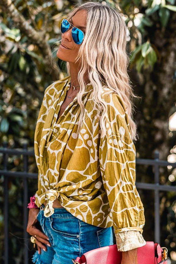 Yellow Abstract Floral Print V-Neck Blouse