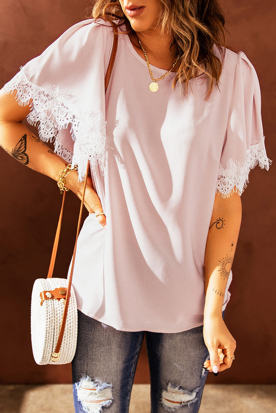 Pastel Pink Lace Trim Flutter Sleeve Blouse for Women