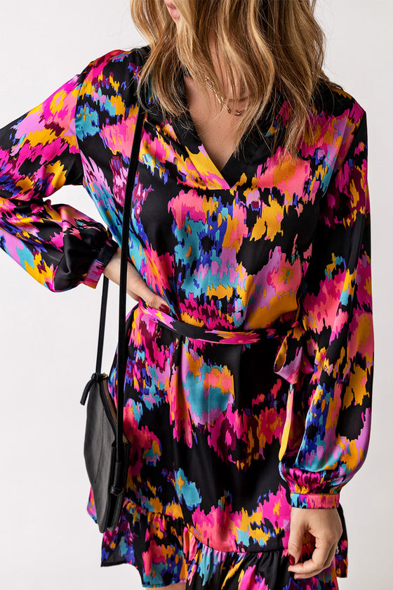 Abstract Print Waist Belted Long Sleeve Dress | Other Colors Available