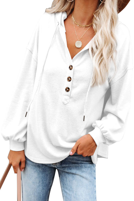 White Button Front Pullover Hooded Sweatshirt