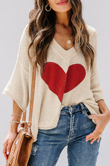  Beige Casual Heart Print Knit Sweater