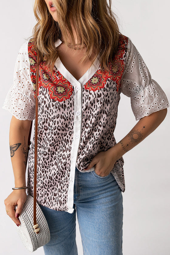 Leopard Mandala Print Patchwork Blouse