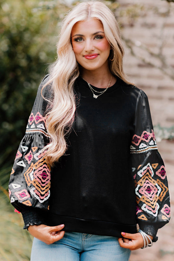 Black Geometric Lantern Sleeve Round Neck Blouse