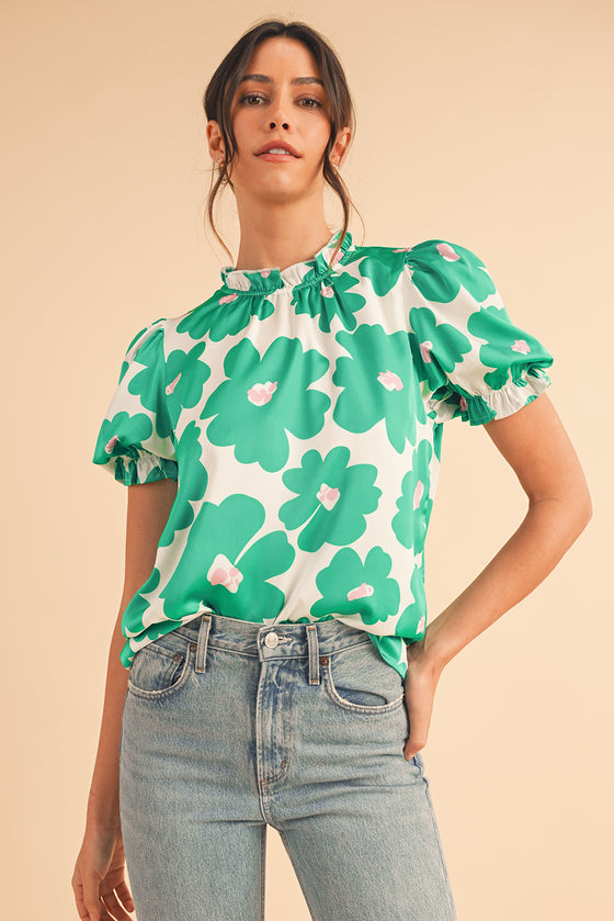 Green 60s Floral Print Puff Sleeve Frill Neckline Blouse