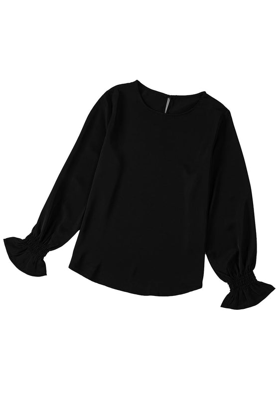 Plain Pullover Smocked Cuffs Long Sleeve Blouse | Available in Black and Red Colors