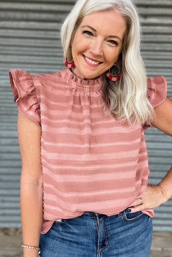 Coral Paradise Textured Striped Frill Neck Knot Ruffle Top