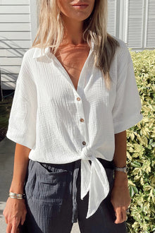  White Textured Knotted Button-up Half Sleeve Blouse