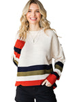 Colorblock Striped Button Drop Shoulder Pullover Sweater | Available