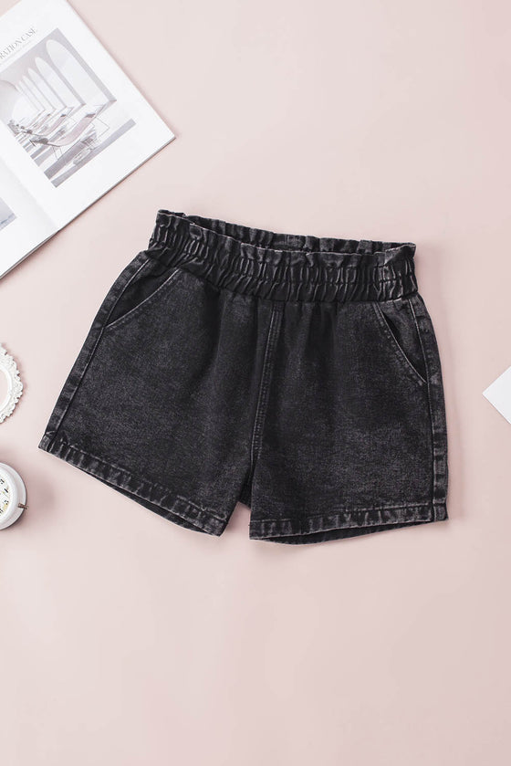 Black Bleached Casual Frill Elastic High Waist Pocket Denim Shorts