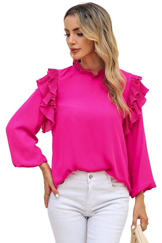 Rose Solid Button Keyhole Back Pleated Ruffle Trim Blouse | Available in Black