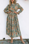 Green Frill Neck Boho Floral Print Pleated Belted Maxi Dress