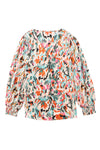 Multicolor Abstract Print Boho V Neck Shirred Cuffs Blouse