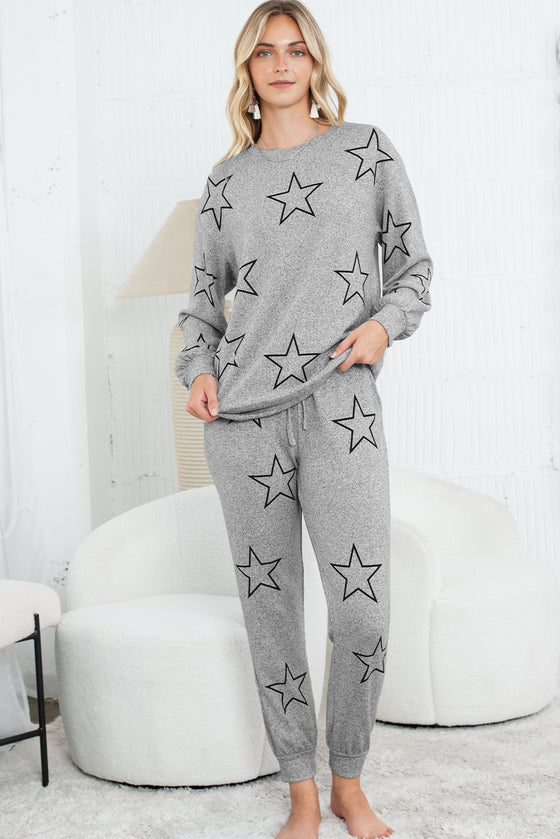 Black Stars Print Long Sleeve Top and Drawstring Pants Set | Available in Gray