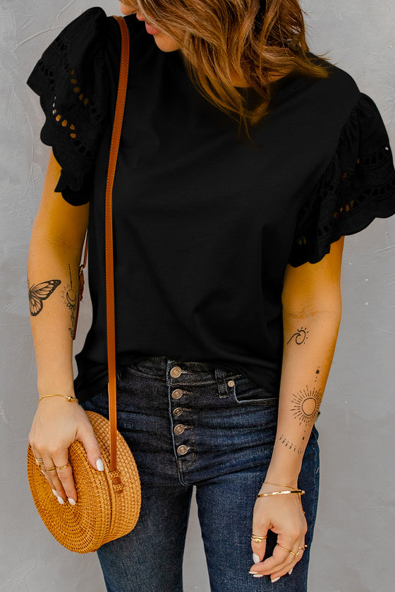 Black T-shirt with Crochet Lace Short Sleeves | Available in 2 Colors